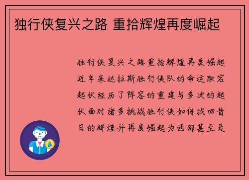 独行侠复兴之路 重拾辉煌再度崛起